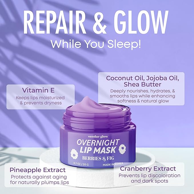 Berries & Fig Lip Mask - Dermatologist Tested, Anti-Aging, Korean Skin Care, Deep Hydration, Overnight Lip Repair - Non- GMO, Vegan, Clean Beauty, 95% Natural, Cruelty-Free - 1 Pack-Velvo Beauty