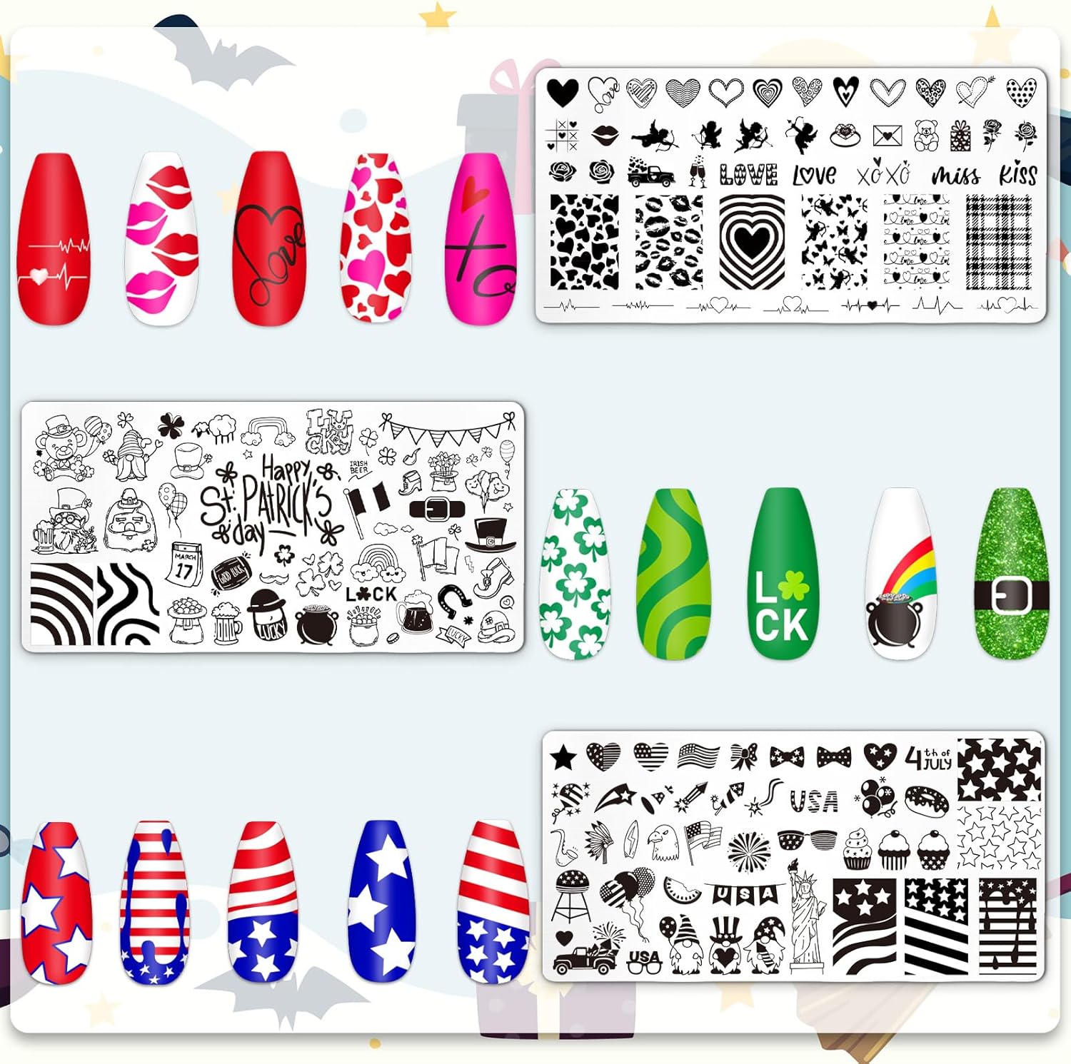 Whaline 6Pcs All Holiday Nail Art Plates Valentines StampTemplates Set Winter Christmas Fall Nail Plates Stamping for Xmas DIY Print Manicure Salon Design Gift-Velvo Beauty