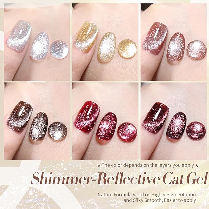 Born Pretty Cat Magnetic Eye Gel Nail Polish Reflective Glitter Gel Polish Red Silver Champagne Gold Glitter Gel Nail Polish 6PCS Set-Velvo Beauty