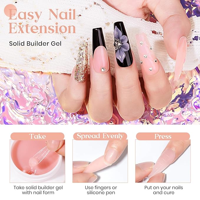 MIZHSE Solid Nail Builder Gel, 2.1 oz 60g Nude Builder Gels for Nails Non-Sticky Solid Builder Gel for Extensions Hard Gels with 24pcs Dual Forms and Silicone Pen Nails Art Manicure Set-Velvo Beauty