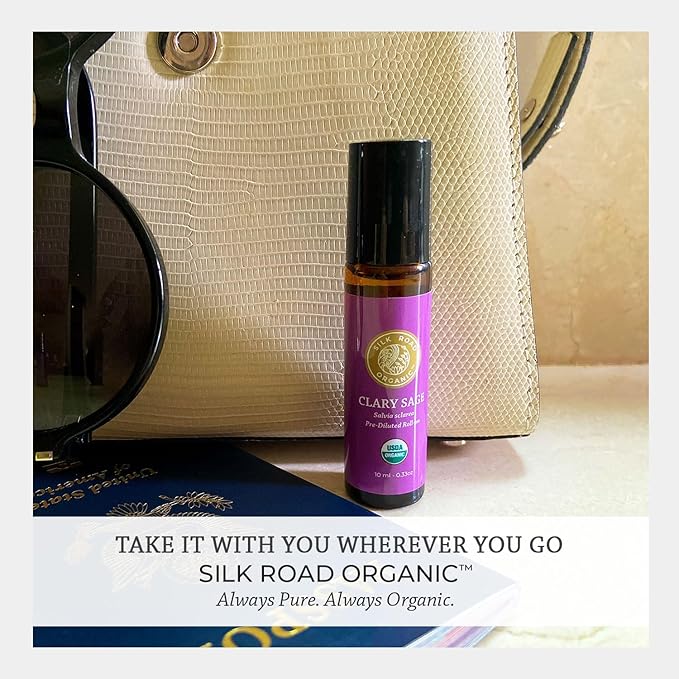 Silk Road Organic Clary Sage Essential Oil Roll On, 100% Pure USDA Certified Aromatherapy for PMS, Stress & Mental Clarity - 10 ml Roller - Always Pure, Always Organic-Velvo Beauty