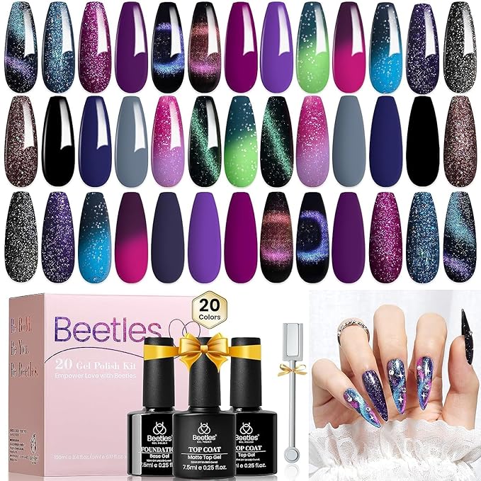 Beetles Cat Eye Gel Polish Set - 24Pcs 20 Colors Glitter Dark Color Changing Gel Nail Polish Kit with Base Gel Glossy Matte Top Coat Soak off UV DIY Nail Art Salon Ombre Black Nails Gift-Velvo Beauty