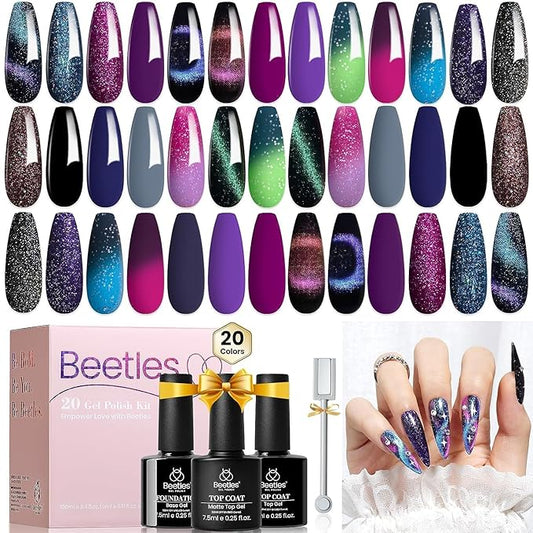 Beetles Cat Eye Gel Polish Set - 24Pcs 20 Colors Glitter Dark Color Changing Gel Nail Polish Kit with Base Gel Glossy Matte Top Coat Soak off UV DIY Nail Art Salon Ombre Black Nails Gift-Velvo Beauty