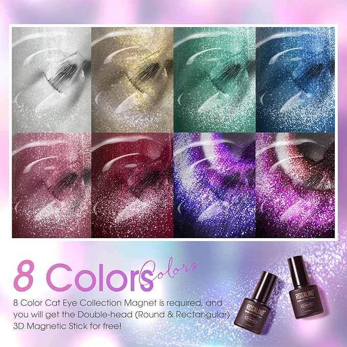 ROSALIND Cateye Gel Polish, 8 Colors Holographic Magnetic Cat Eye Gel Nail Polish Set with Magnet, Red Blue Purple Black Gel Polish Galaxy Collection Nail Art Gift DIY at Home-Velvo Beauty