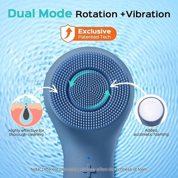 COSLUS Face Scrubber Facial Cleansing Brush: 2 in 1 Spin and Vibration Patented Tech, Silicone Electric Exfoliator Scrubber with Automatic Foaming, Waterproof Face Cleanser Brush for Men and Women-Velvo Beauty