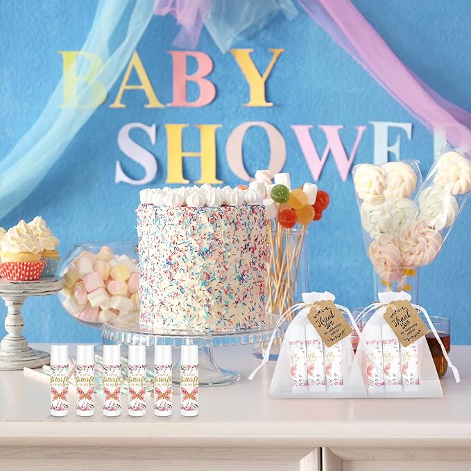 Demissle 50 Pcs Baby Shower Lip Balm Gift Set with 100 Pcs Organza Bags Baby Shower Party Favor for Guest Thank You Tag Rope Baby Shower Party Decoration Gender Reveal Souvenirs (Butterfly)-Velvo Beauty