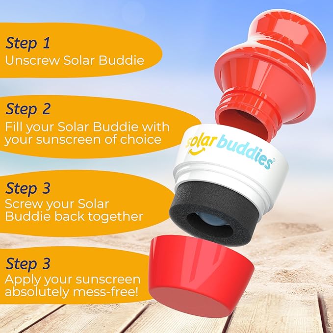 Solar Buddies Sunscreen Applicator - Single Red - Refillable Roll on Sponge Sunscreen, Suncream & Lotion Applicator For Kids, Adults & Families - Holds 3.4fl oz, Perfect Size for Travel-Velvo Beauty