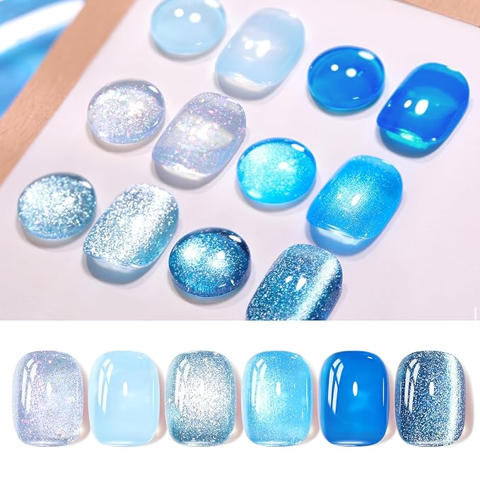 Born Pretty Gel Nail Polish Blue Series,Jelly Transparent,Cat Magnetic Eye,Shimmer Glitter Holographic Blue Gel Polish Kit for Salon Manicure and Nail Art DIY at Home 6Colors-Velvo Beauty