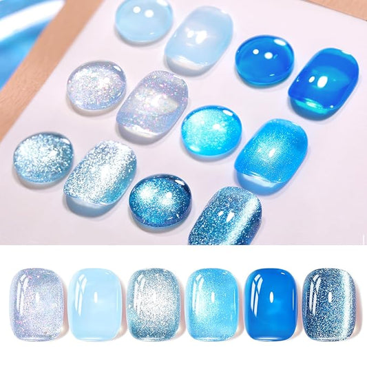 Born Pretty Gel Nail Polish Blue Series,Jelly Transparent,Cat Magnetic Eye,Shimmer Glitter Holographic Blue Gel Polish Kit for Salon Manicure and Nail Art DIY at Home 6Colors-Velvo Beauty