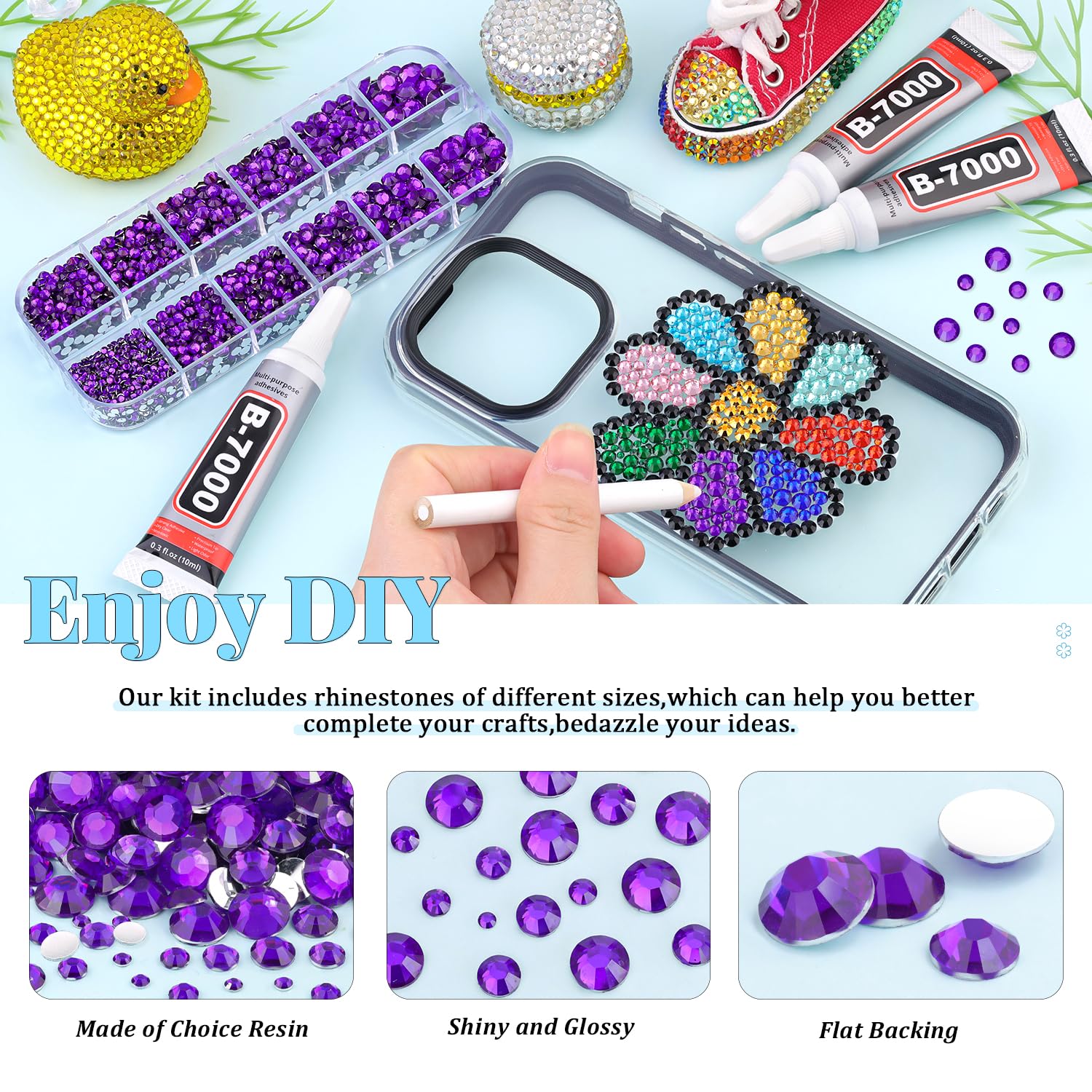 6000Pcs Resin Rhinestones for Bedazzling with 3Pcs B7000 Jewelry Glue, 1 Box Dark Purple Flatback Rhinestones for Crafting Crafts DIY, Crystals Gems for Clothing Shoes Tumblers Nail Art Makeup-Velvo Beauty