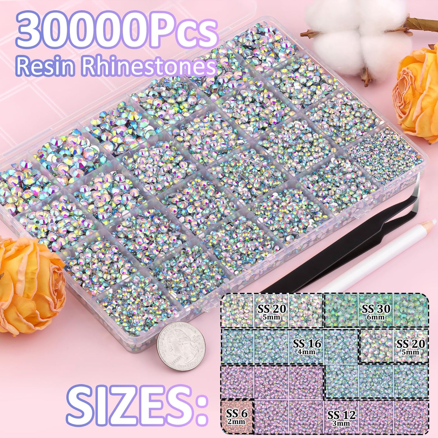 30000Pcs AB Rhinestones for Bedazzling with B7000 Jewelry Glue, Bedazzler Kit Flatback Gems, Resin Rhinestones for Crafting Crafts Clothing Shoes Fabric Nail Art Assorted Size 2/3/4/5/6mm-Velvo Beauty