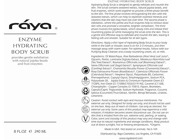 RAYA Enzyme Hydrating Body Scrub 16 oz Orange Vanilla Scent (S-104) | Gentle and Exfoliating Body Scrub | Made with Seaweed, Jojoba Beads, and Fruit Enzymes-Velvo Beauty