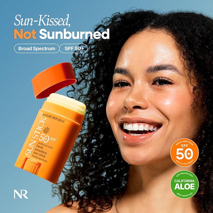 Nature Republic California Aloe Fresh Powdery Sun Stick Broad Spectrum SPF50+ | Korean Sunscreen Travel Size Suncare Sunblock, No Whitecast, non-sticky, Water resistant-Velvo Beauty