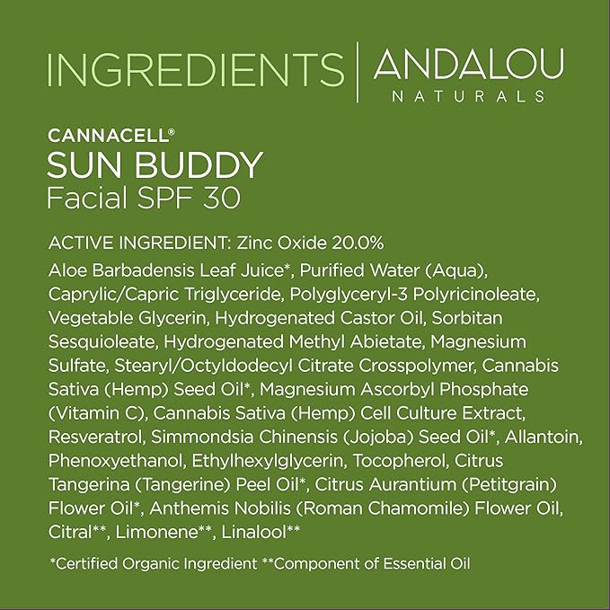 Andalou Naturals Face Sunscreen, CannaCell Sun Buddy SPF 30 with Hemp Stem Cells, Moisturizing Facial Lotion, Broad Spectrum Protection with Non-Nano Zinc Oxide, Reef Safe Sunscreen, 2.7 Fl Oz-Velvo Beauty