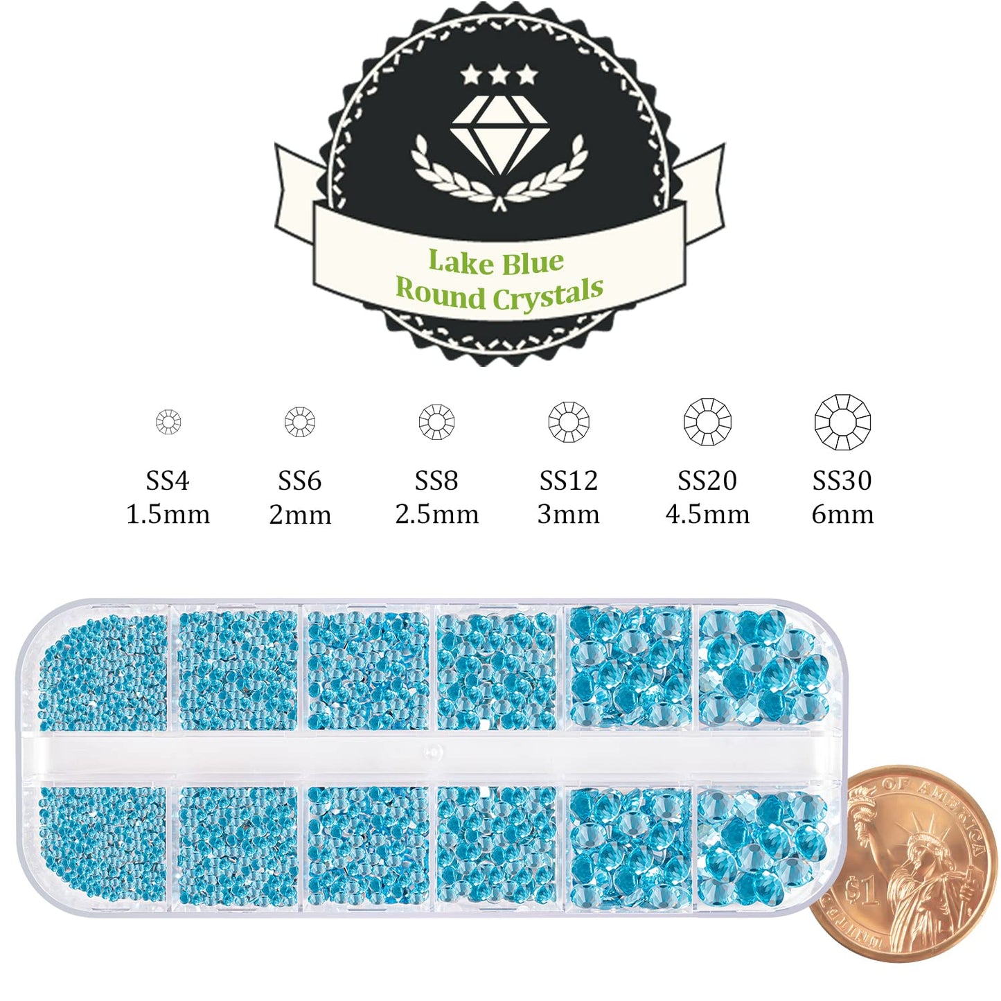 One Pack 2000 Pcs of Flatback Round Lake Blue Rhinestones 6 Sizes (1.5-6 mm) with Nail Art Rhinestone Picker Pencil and Tweezers for DIY and Salon Use-Velvo Beauty