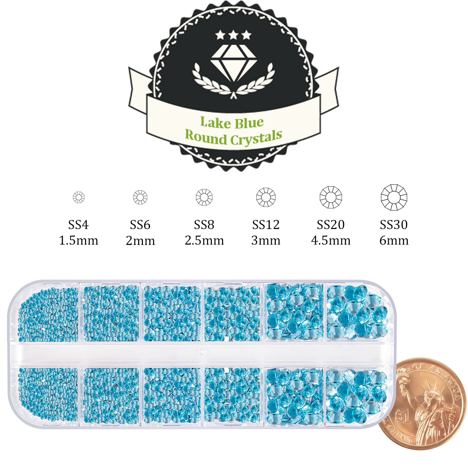 One Pack 2000 Pcs of Flatback Round Lake Blue Rhinestones 6 Sizes (1.5-6 mm) with Nail Art Rhinestone Picker Pencil and Tweezers for DIY and Salon Use-Velvo Beauty