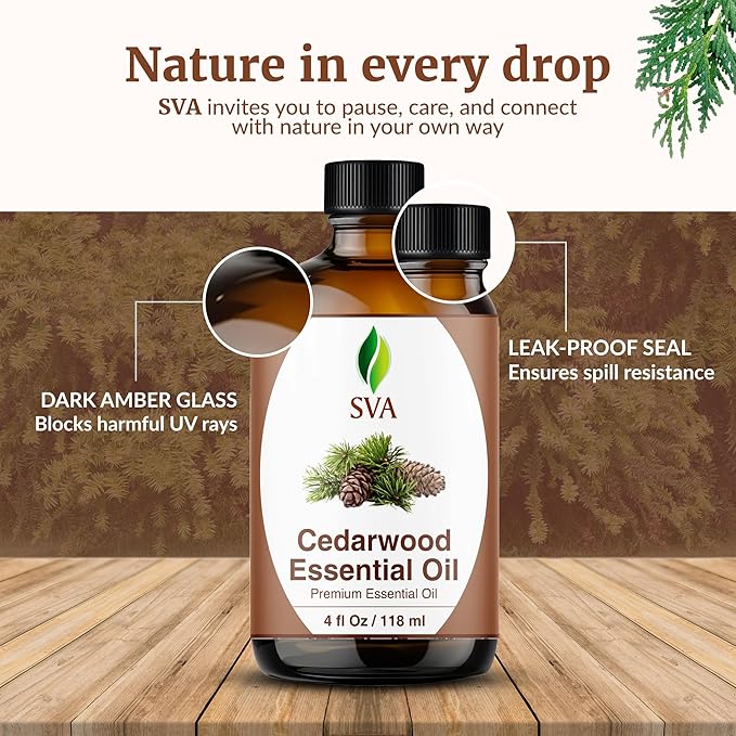 SVA Cedarwood Essential Oil – 4 Fl Oz – 100% Natural Cedar Cupressus Funebris Oil - for Diffuser, Hair Care, Face, Skin Care, Aromatherapy, Scalp and Body Massage, Soap and Candles - with Dropper-Velvo Beauty