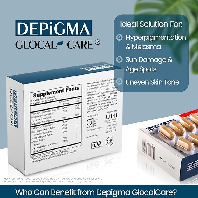 GlocalCare Depigma Support Reduction of Hyperpigmentation, Melasma & Dark Spots with Glutathione, Polypodium Leucotomos, Grape Seed & Marigold Extract-Velvo Beauty