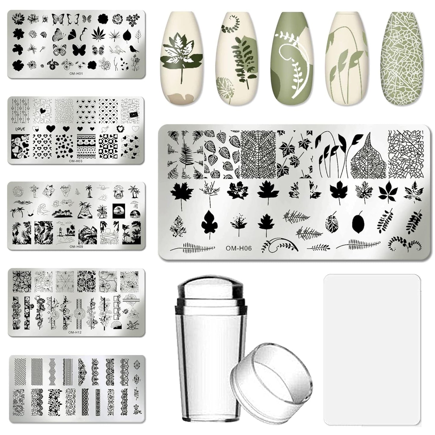 AddFavor Nail Art Stamper Kit 6pcs Flower Heart Leaf Lace Butterfly Stamping Plate Template with Silicone Nail Stamper and Scraper for Women Girls DIY Fingernail Manicure Stencils Tools-Velvo Beauty