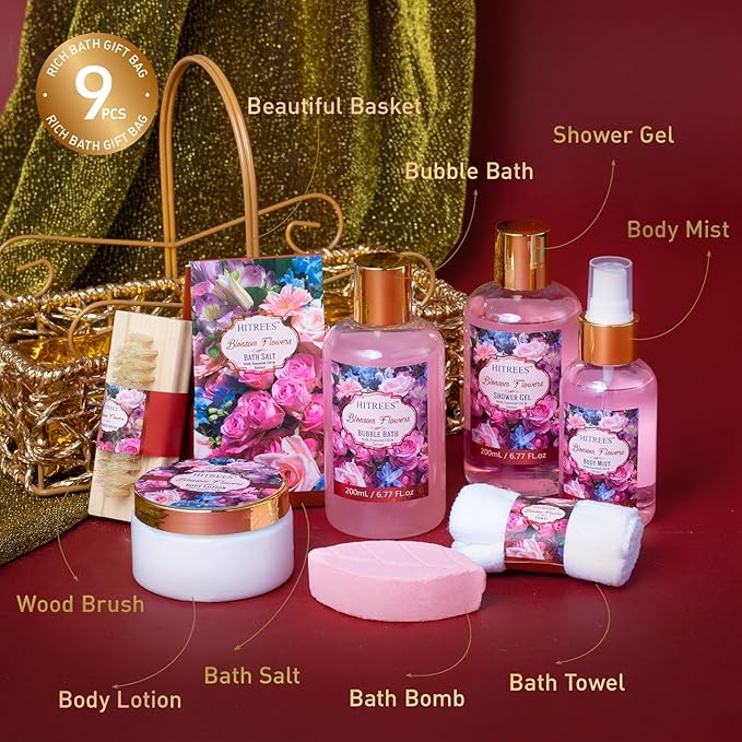 Spa Gift Basket for Women, ROSE & JASMINE Friendship Gifts Women, Tote Bag, Shower Gel, Hand & Body Cream, Hitrees Bath Gift Set for Her, Mom, Mothers Day-Velvo Beauty