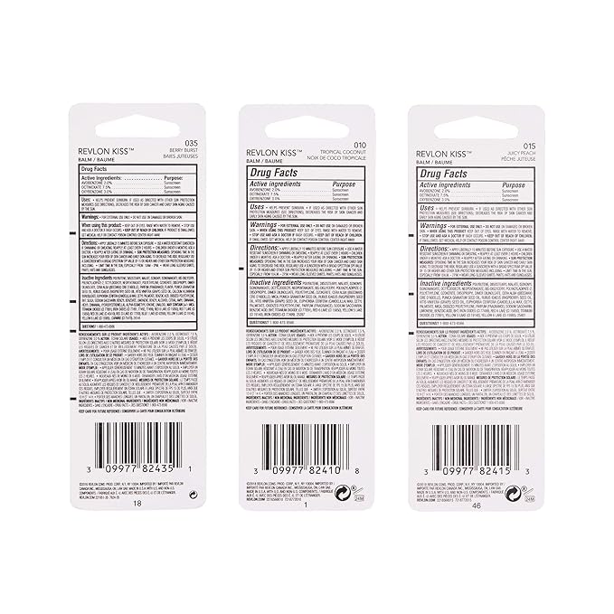 Revlon Lip Balm, Kiss Tinted Lip Balm, Face Makeup with Lasting Hydration, SPF 20, Infused with Natural Fruit Oils, 3 Piece Set, Juicy peach, Berry Burst & Coconut, 0.09 Oz-Velvo Beauty