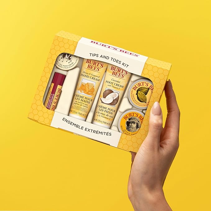Burt's Bees Back to School Gifts Ideas, 6 Body Care College Dorm Products, Tips and Toes Set - Pomegranate Moisturizing Lip Balm, 2 Hand Creams, Foot Cream, Cuticle Cream & Hand Salve-Velvo Beauty