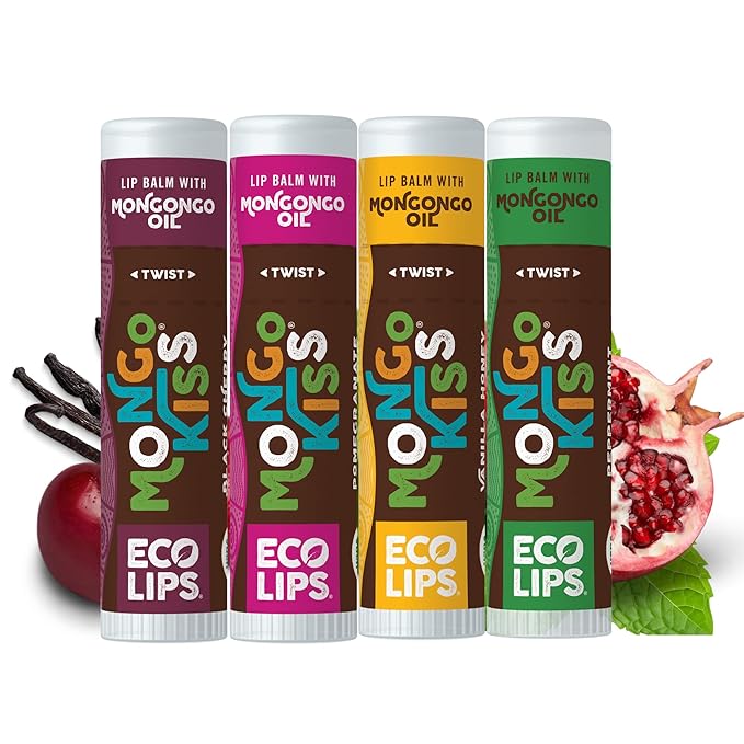 Eco Lips Mongo Kiss Organic Lip Balm 4 Pack Peppermint, Pomegranate, Vanilla Honey, Black Cherry - 100 Percent USDA Organic - Soothe, Moisturize Dry, Cracked and Chapped Lips - Made in USA-Velvo Beauty