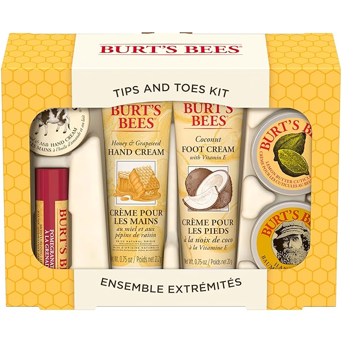 Burt's Bees Back to School Gifts Ideas, 6 Body Care College Dorm Products, Tips and Toes Set - Pomegranate Moisturizing Lip Balm, 2 Hand Creams, Foot Cream, Cuticle Cream & Hand Salve-Velvo Beauty