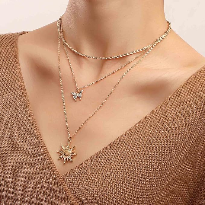 Bohemia Layered Sun Necklace Choker Crystal Butterfly Pendant Necklace Gold Rope Chain Necklace Vintage Sunflower Necklace Jewelry for Women and Girls-Velvo Beauty
