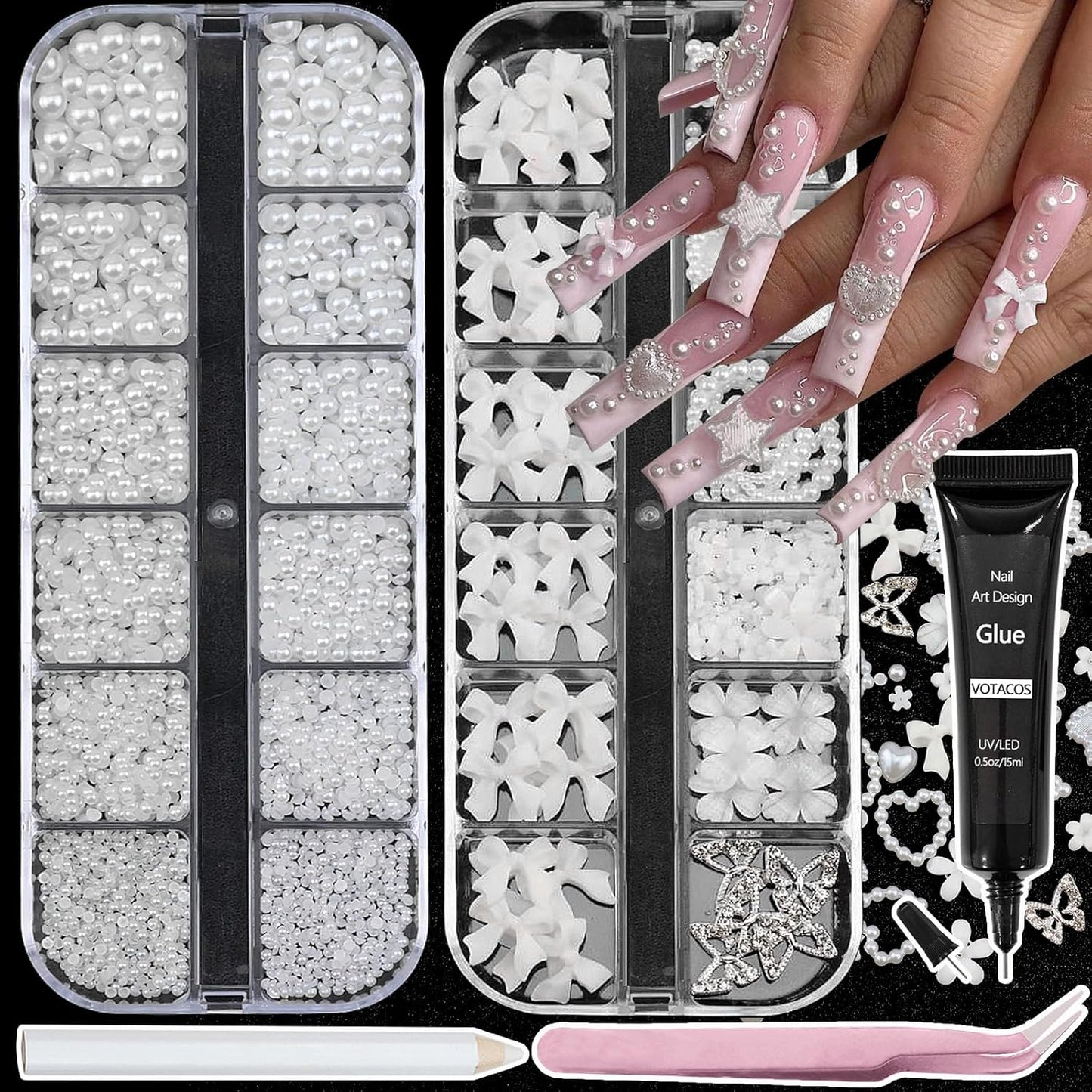 Nail Art Pearls with Glue Gel Flatback Pearls White Bow Nail Charms Heart Butterfly Nails Gems Pearls Accessories for Women Nails Design Decoration-Velvo Beauty