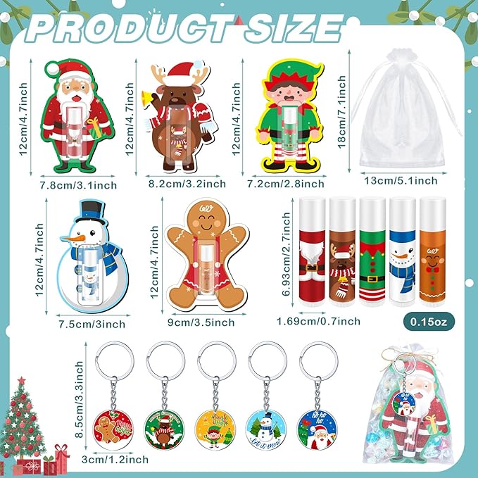 Henoyso 150 Pcs Christmas Favors 5 Styles Lip Balm Bulk Moisturizing Lip Balms Acrylic Keychains with Organza Bags for Xmas Holiday Treat Gifts Women Christmas Stocking Stuffers Party Supplies-Velvo Beauty