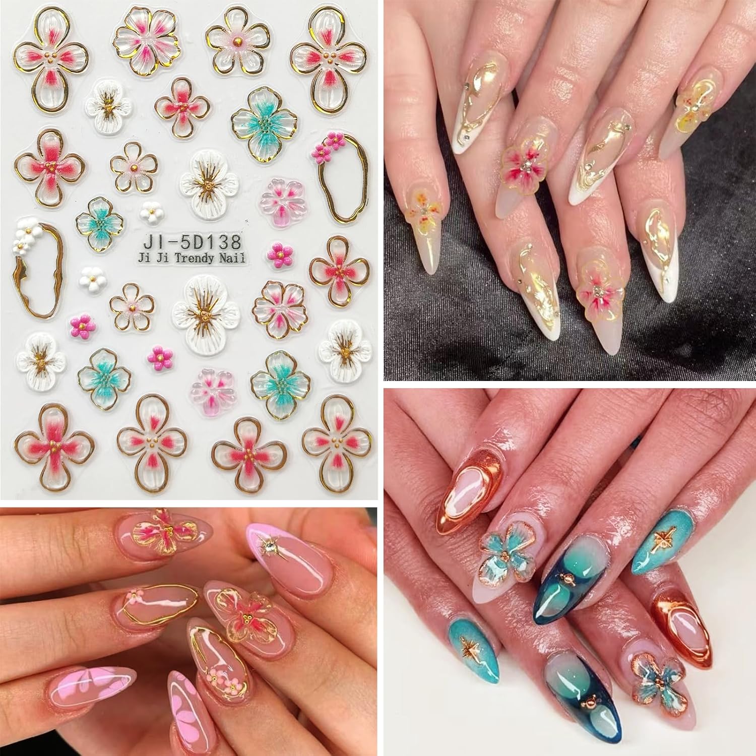 Flower Nail Art Stickers Decals 5D Embossed Nail Decals Spring Summer Pink Purple Nails Design Self-Adhesive Supplies Accessories 3D Flower for Women Nails DIY Decoration(5 Sheets)-Velvo Beauty