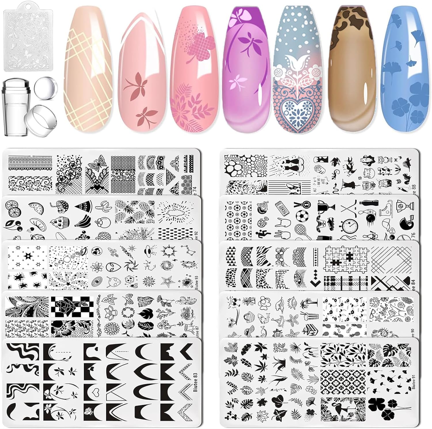 Biutee Nail Art Stamping Plates Set 10PCS French Line Stamp Templates, Nail Stamping Kit with Silicone Nail Stamper for DIY Print Manicure Salon Design Gift In Home-Velvo Beauty