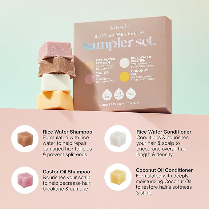 Kitsch Shampoo and Conditioner Set - 4pc Sampler Bars with Rice Water Shampoo and Conditioner, Castor Oil Shampoo & Coconut Oil Conditioner - Bottle-Free Beauty for Hair Growth, Repair & Moisture-Velvo Beauty