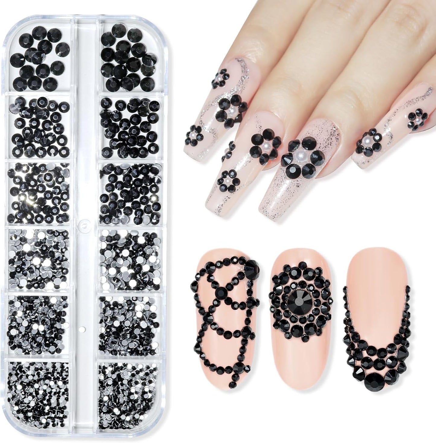 Makartt, 1110 Pcs Rhinestones Set, Black, Round, Multi-Size, Glass or Crystal, for DIY Crafts, Nail Art Supplies Accessories, Christmas Gift-Velvo Beauty