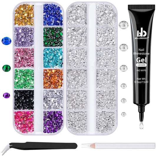 Nail Art Rhinestone Glue Gel&2 Boxes Flatback Gems Kit, 1 Tube of 15ml Rhinestone Gel Glue(UV/LED Needed)+Colorful Gems+Flat-Back Round Glass Crystal Clear Gemstones with Pickup Tools-Velvo Beauty
