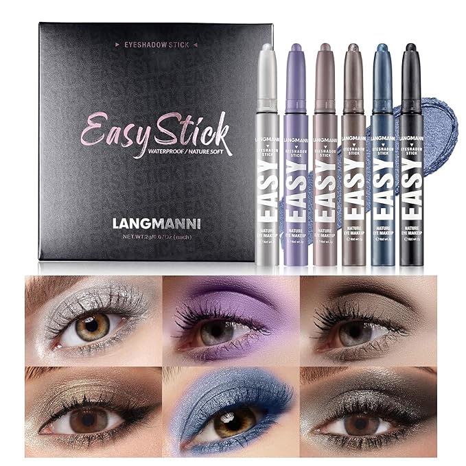 LANGMANNI Eyeshadow Stick, 6 PCS Waterproof Multi-Color Eyeshadow Pen Set, Creamy Long-Lasting Eye Makeup Kit, Natural & Shimmer Shades Contour Stick, Perfect Gifts For Women (#D)-Velvo Beauty