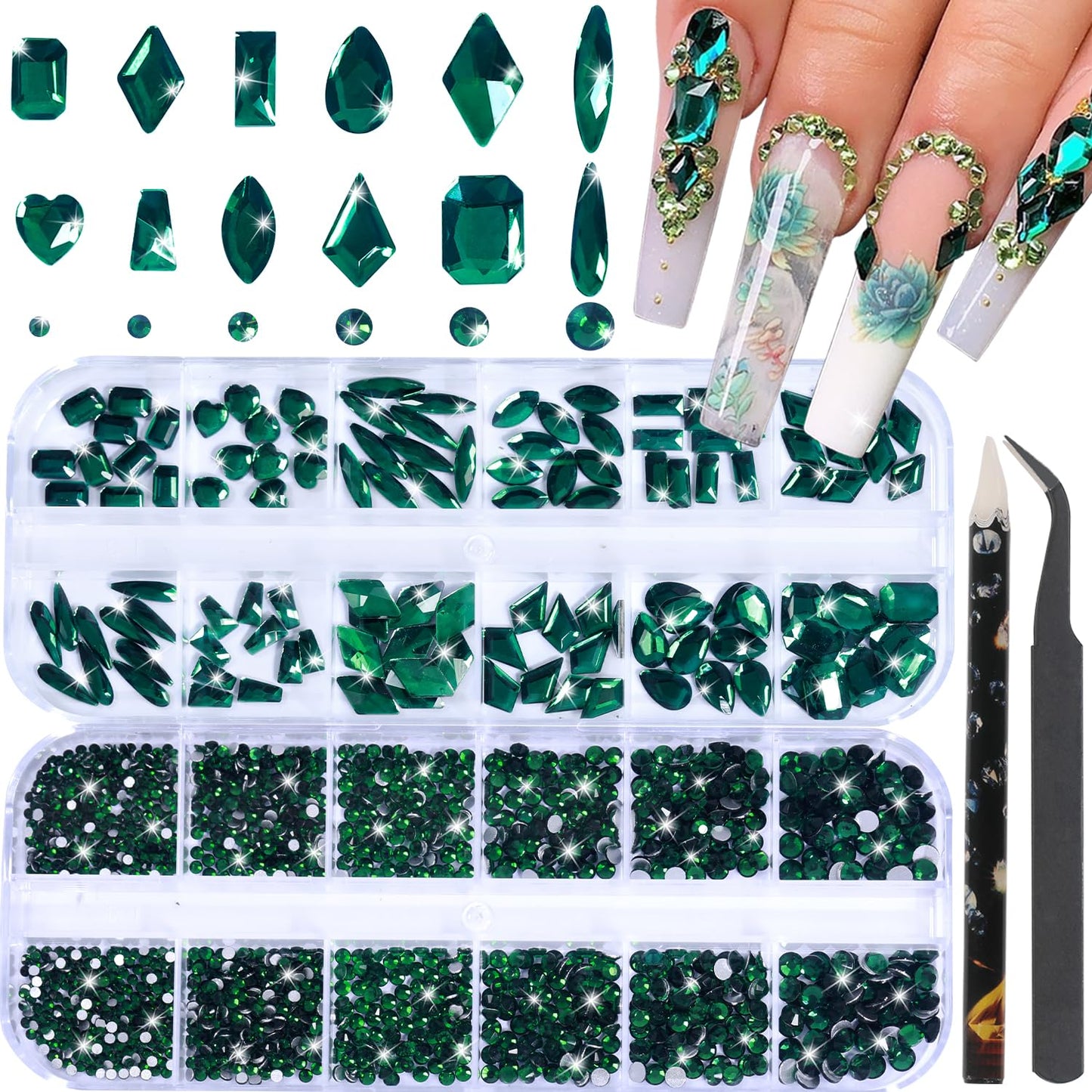 HNUIX Nail Rhinestones - 3D Multi Shape Size, Emerald Green Nail Gems, Flat Back, with Kit, for Nail Art, DIY Decorations-Velvo Beauty