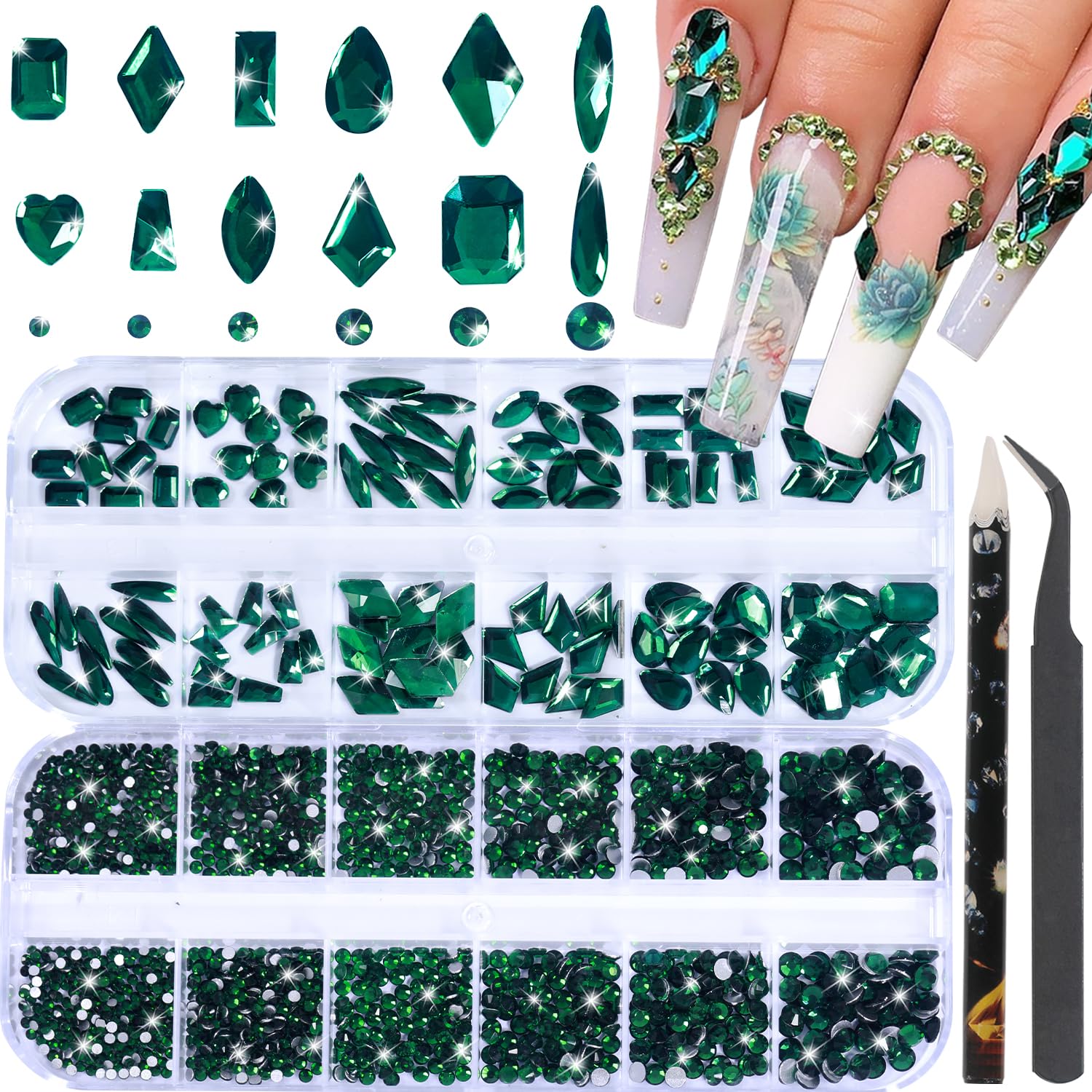 HNUIX Nail Rhinestones - 3D Multi Shape Size, Emerald Green Nail Gems, Flat Back, with Kit, for Nail Art, DIY Decorations-Velvo Beauty