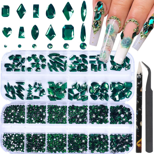 HNUIX Nail Rhinestones - 3D Multi Shape Size, Emerald Green Nail Gems, Flat Back, with Kit, for Nail Art, DIY Decorations-Velvo Beauty