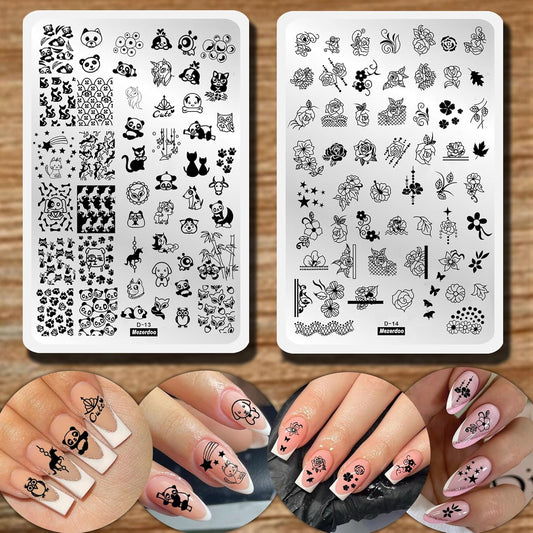 2pcs Floral Animal Series Nail Stamping Plates Template Plants Unicorn Nail Stamp Plates Cute Cat Panda Fox Manicure Image Stamper Plate Flowers Stainless Steel Nail Art Stencil-Velvo Beauty