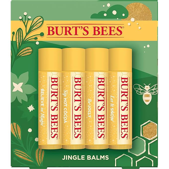 Burt's Bees Christmas Gifts, 4 Lip Balm Stocking Stuffers Products, Jingle Balms Set - Classic Beeswax Moisturizing Lip Balm-Velvo Beauty