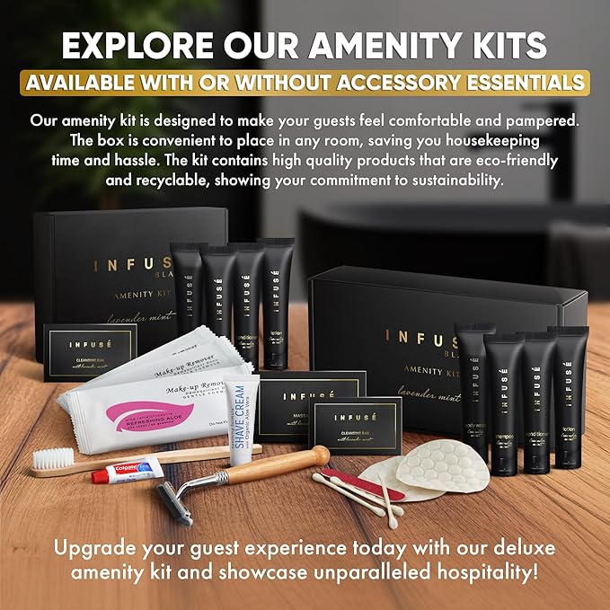 Infuse Black Amenity Kit | Boxed Hotel Toiletries | Bulk Set 1 oz Travel Size Shampoo, Conditioner, Lotion, Body Wash & Cleansing Bar for Guest Hospitality AirBnB/Vacation Rentals | 1 set per case-Velvo Beauty