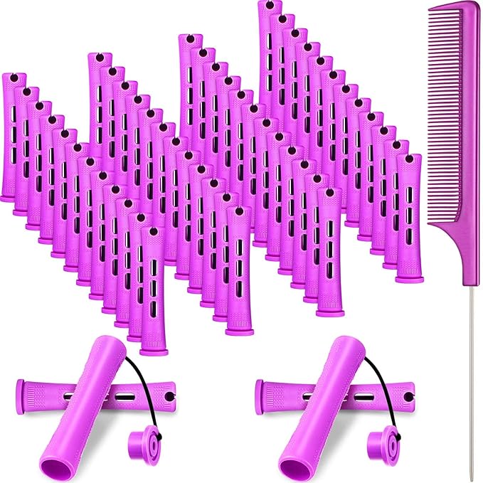 48 Pieces Hair Perm Rods Short Cold Wave Rods Plastic Perming Irons Hair Curling Rollers Curlers with Steel Pintail Comb Rat Tail Comb for Hairdressing Styling Supplies(0.75 Inch,Purple)-Velvo Beauty