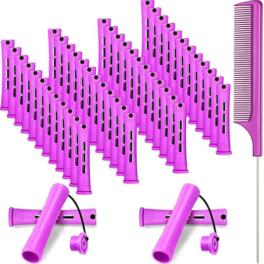 48 Pieces Hair Perm Rods Short Cold Wave Rods Plastic Perming Irons Hair Curling Rollers Curlers with Steel Pintail Comb Rat Tail Comb for Hairdressing Styling Supplies(0.75 Inch,Purple)-Velvo Beauty