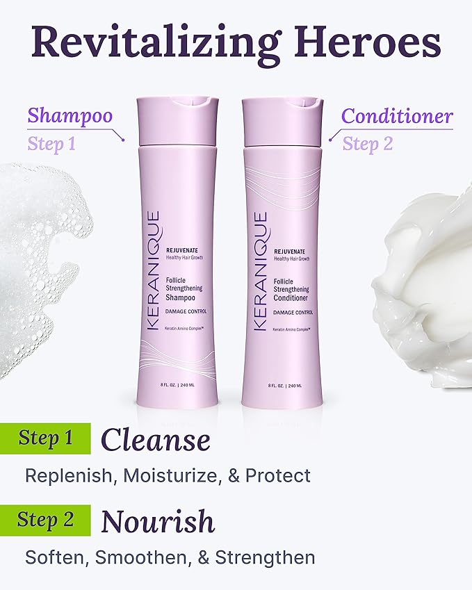 Keranique Shampoo and Conditioner for Damaged Hair - Anti-Breakage, Damage Control Set for Thinning Hair - Intense Repair, Deep Conditioning, Anti-Hairfall Routine w/Keratin - Great for Colored Hair-Velvo Beauty