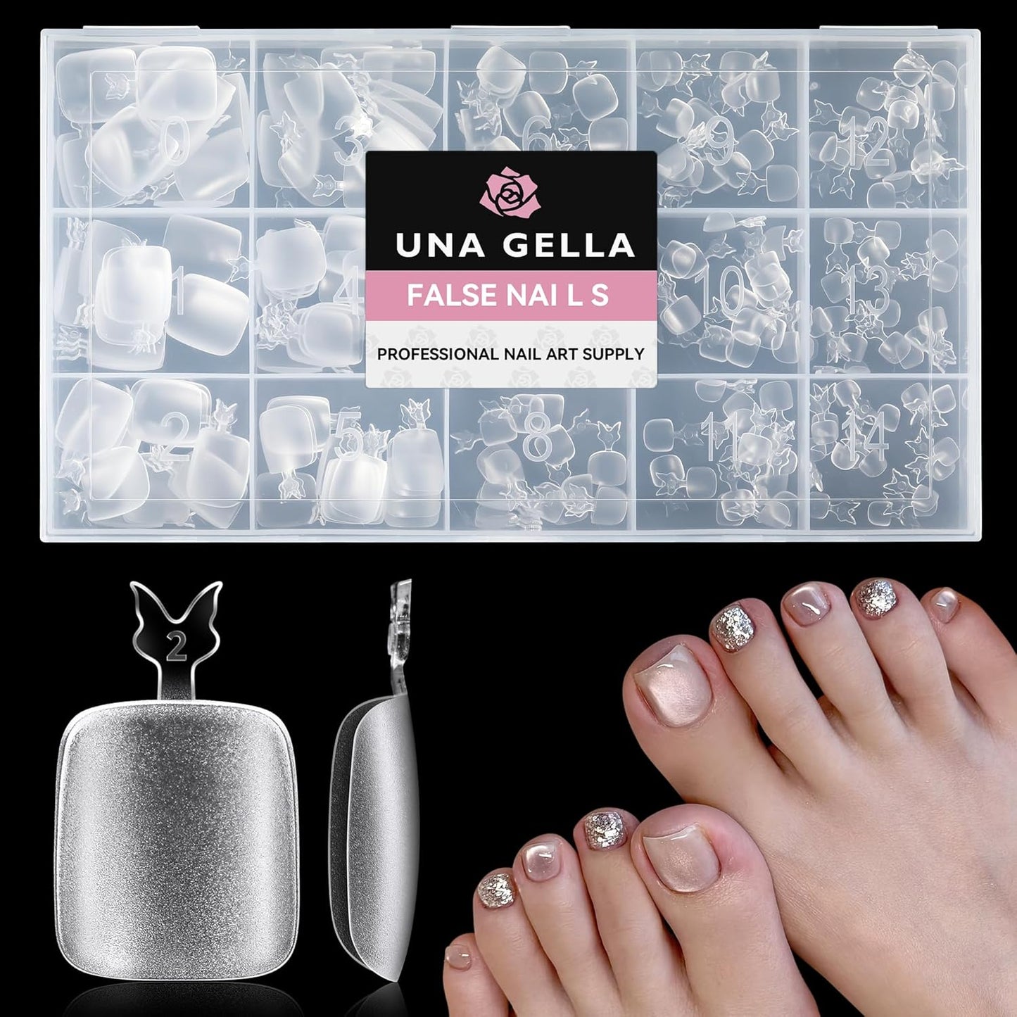 UNA GELLA Toe Nail Tips Full Cover, 216 Pcs Square Round Toe Nail Press Ons Clear Pre-Shape Gel Toe Nail Tips Double Matte Acrylic Fake Toenails Extensions DIY Home Nail Salon for Women, 15 Sizes-Velvo Beauty