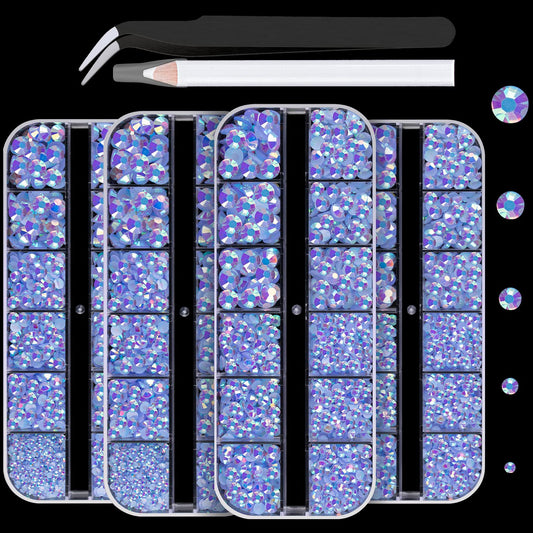 7000PCS Resin Rhinestones with Tweezers for Crafting, 2/3/4/5/6mm Flatback Jelly Rhinestones, 4 Box Sky Blue AB Non Hotfix Crystal Gems for DIY Crafts Mugs Tumblers Clothes Makeup Nail-Velvo Beauty