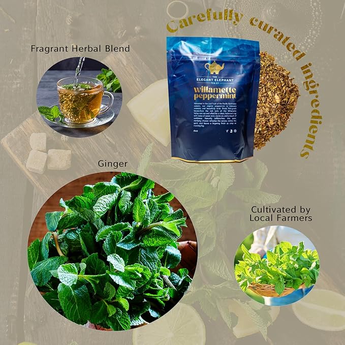 Willamette Peppermint Tea, Organic Loose Leaf Mint Herbal Tea – Soothing, Caffeine-Free – Refreshing Hot or Iced – 4 oz Resealable Bag (Makes 50 Cups) – The Elegant Elephant-Velvo Beauty