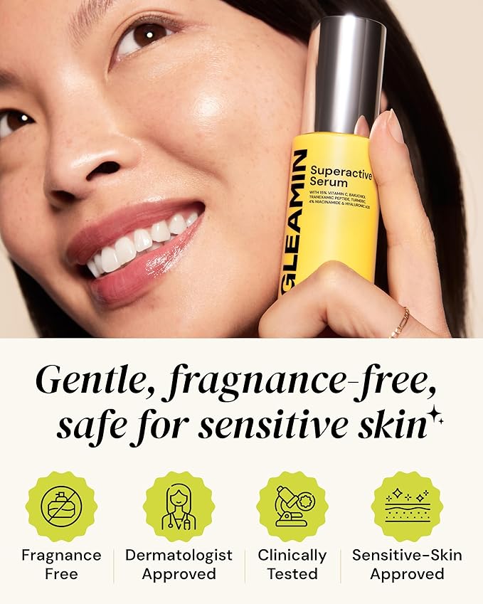 Gleamin Superactive Vitamin C Serum for Face with 15% Vitamin C, Niacinamide, Bakuchiol & Hyaluronic Acid – Skin Brightening Facial Serum for Women & Men – Dark Spot Remover & Radiant Glow – 1 fl oz-Velvo Beauty